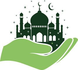 An elegant illustration depicting a mosque silhouette held gently in a green hand, surrounded by stars and a crescent moon.