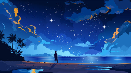 Sea landscape with stars and clouds in dark sky at night. © Vita