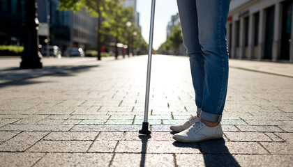 Person with Mobility Aid Standing on Urban Sidewalk