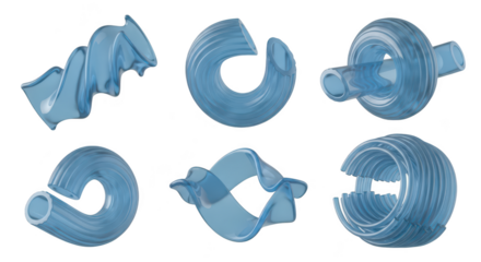 Blue translucent 3D abstract shapes floating against a white backdrop suitable for design advertising and conceptual visuals