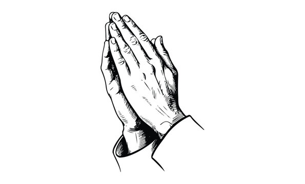 Detailed sketch of praying hands with cross pattern shadows. Vector retro hand drawn illustration