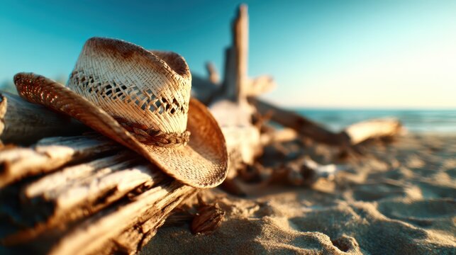 A stylish straw hat placed on sunlit sand captures the essence of summer relaxation and leisure, evoking a sense of adventure and exploration on a serene beach getaway.