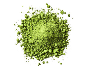 Vibrant close up of finely ground matcha powder against a bold transparent background