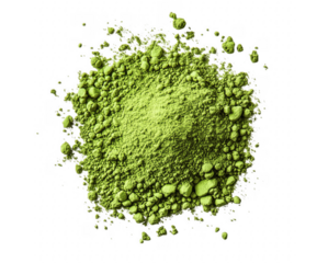 Vibrant close up of finely ground matcha powder against a bold transparent background