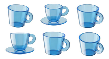 Blue transparent cups on white background showcasing shapes angles and emptiness for product presentation design and concept illustrations
