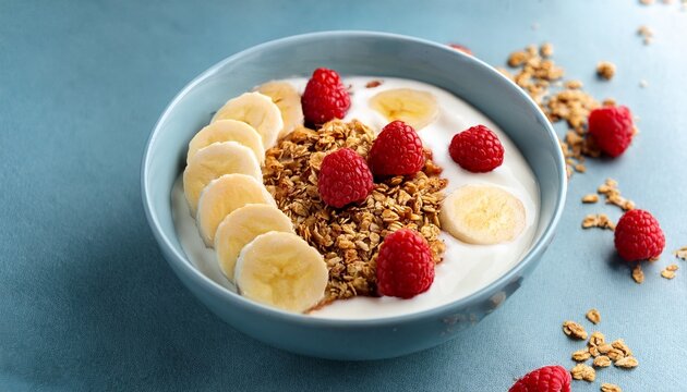 a healthy bowl of yogurt topped with crisp granola fresh banana slices and ripe raspberries provides a colorful nutritious start to the day or a quick snack option