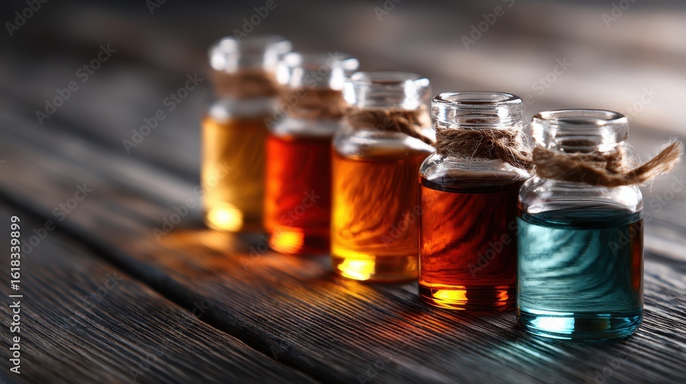 Poster a striking arrangement of colorful glass bottles filled with varied liquids, set against a rustic wo
