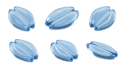 Six translucent blue split pills in various angles on a white surface representing medication or health supplements