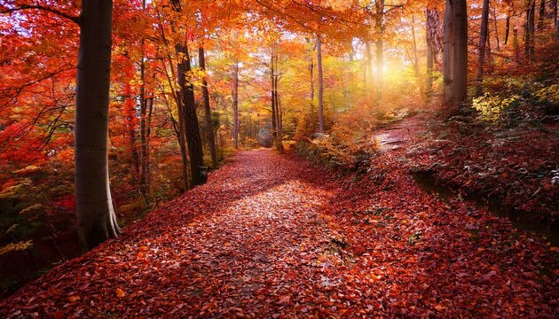 serene autumn forest path with vibrant red and orange leaves - Powered by Adobe