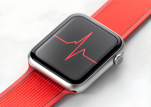 Close-up of a sleek smartwatch showing a vivid red heartbeat pulse line, symbolizing health monitoring, fitness, and wearable technology.