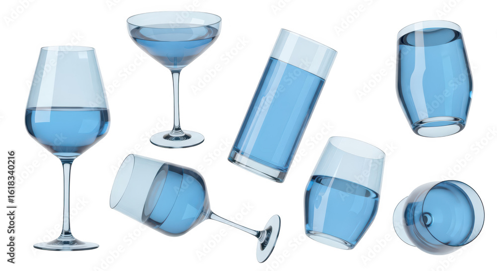 Poster various transparent glass goblets filled with clear liquid floating with no background ideal for bev