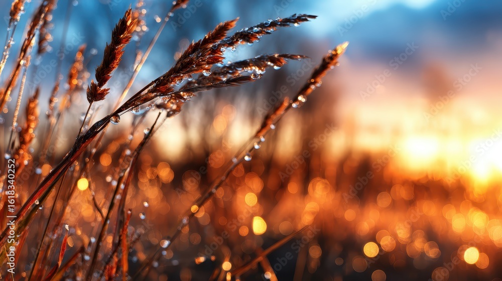 Aufkleber a captivating image showcasing dew-covered grass and wheat swaying gently in the breeze during a stu