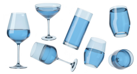 Various transparent glass goblets filled with clear liquid floating with no background ideal for beverage advertisements or product mockups