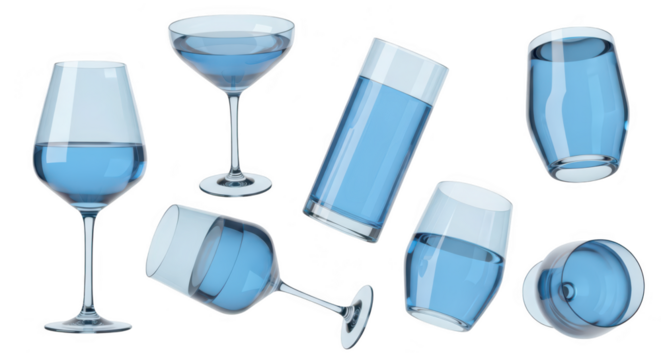 Various transparent glass goblets filled with clear liquid floating with no background ideal for beverage advertisements or product mockups