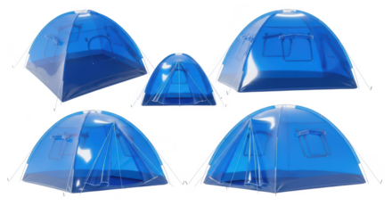 Transparent blue camping tents angled poses against a white backdrop ready for outdoors travel or vacation concepts