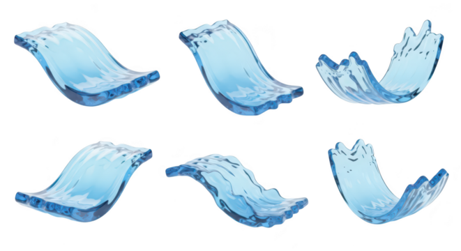 Six stylized water waves splash Isolated on white background they illustrate fluid dynamics ideal for design elements