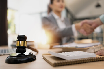 Lawyer Handshake in Business Meeting, Agreement and Partnership, Hammer of Justice,