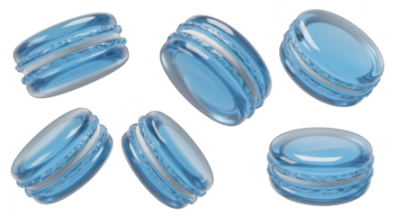 Blue transparent macarons floating against white suitable for dessert promotion and bakery visuals
