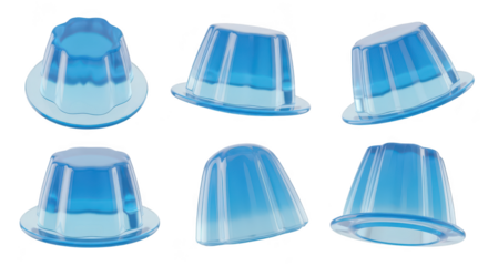Multiple angled shots of blue gelatin cups against a bright white backdrop suitable for dessert food or recipe visuals