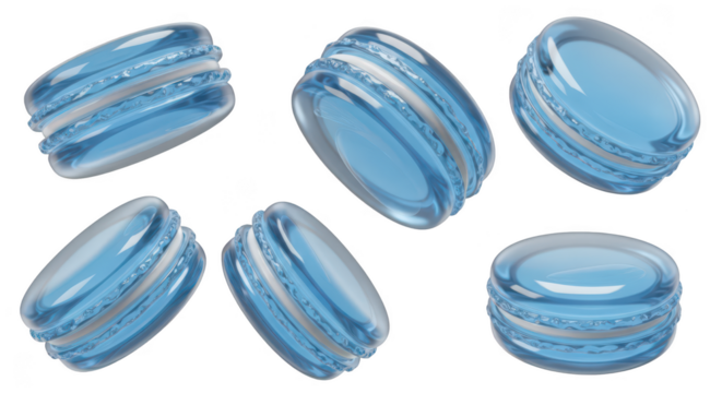 Blue transparent macarons floating against white suitable for dessert promotion and bakery visuals