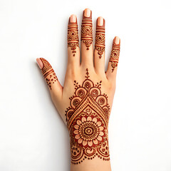 Intricate henna tattoo design on a woman s hand isolated on white background