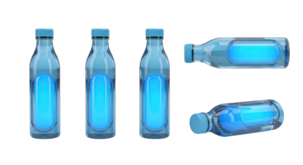 Isolated glass bottles in multiple views with blank blue labels showcasing a beverage for product mockups and advertising