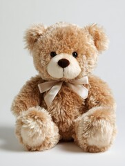 Fototapeta premium Brown stuffed teddy bear with heart on a white background