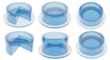 Blue translucent 3D pie chart elements various angles on a white background for data visualization infographics or presentation design