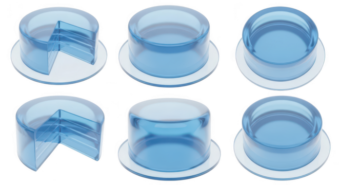 Blue translucent 3D pie chart elements various angles on a white background for data visualization infographics or presentation design