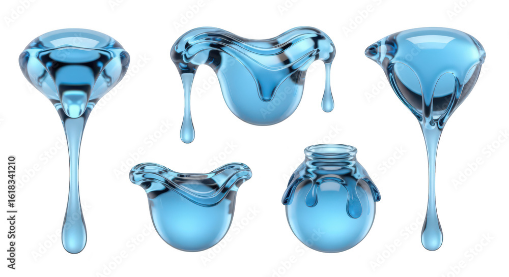 Poster transparent 3d water droplets of different shapes are falling or dripping on a white background usab