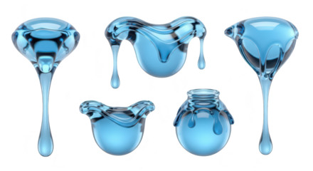Transparent 3D water droplets of different shapes are falling or dripping on a white background usable for digital design assets