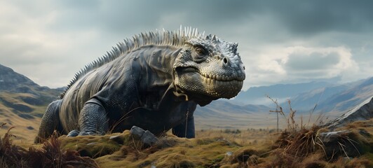 A haunted gothic Iguanodon perched on a wind-swept hill art, generative ai