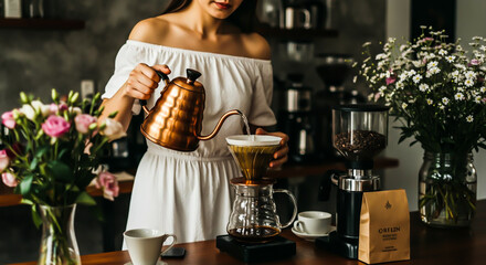 Woman Brewing Coffee in Cozy Kitchen
