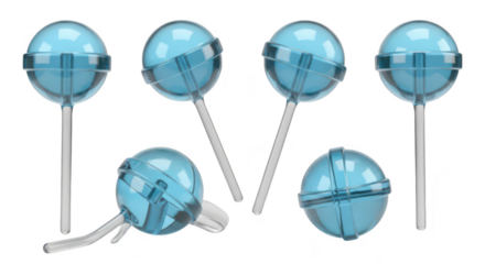 Group of transparent blue lollipops arranged against a bright white background showcasing sweetness and confectionery delights perfect for marketing