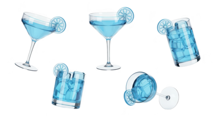 Assortment of refreshing blue cocktails in various glass types with lemon garnish isolated on a white backdrop suitable for beverage advertising