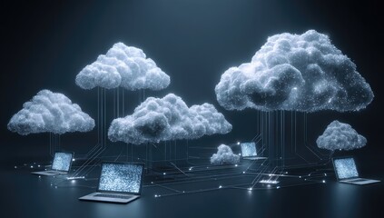 Cloud computing network.  Digital clouds connected by lines