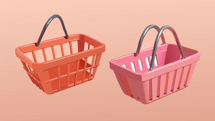 Two colorful shopping baskets on a peach background