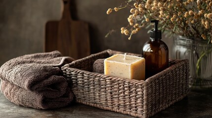 Natural bath items in a woven basket