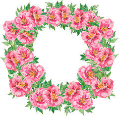 Fototapeta premium Pink flower. Peony flower with leaves watercolor round frame. Hand painted pink wreath with copy space perfect for wedding invitations, branding, packaging, fabric design, stationary and cards