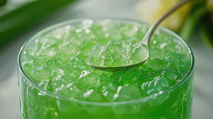 Refreshing green drink with ice cubes in a glass with a spoon close up view
