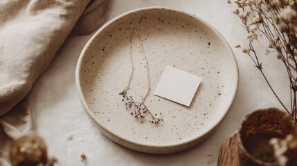 Cream-colored, speckled plate holds a blank card and delicate dried flowers, with a linen cloth in the background