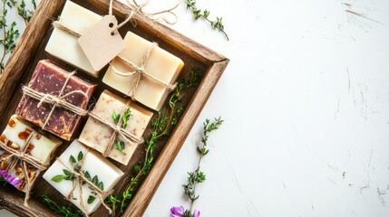 Wooden box filled with handmade soaps, tied with twine, and fresh herbs