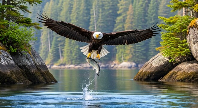 Majestic eagle catches fish in stunning natural wilderness