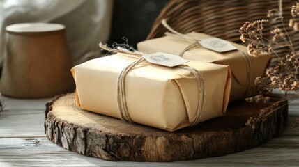 Two wrapped gifts on a wooden slice, natural light