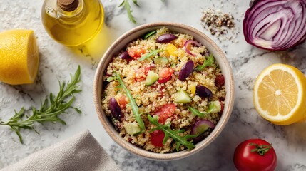 Colorful quinoa salad in a ceramic bowl with fresh vegetables, lemon, olive oil, and spices. Healthy, vibrant and appetizing composition perfect for food blogs, menus, or wellness content.