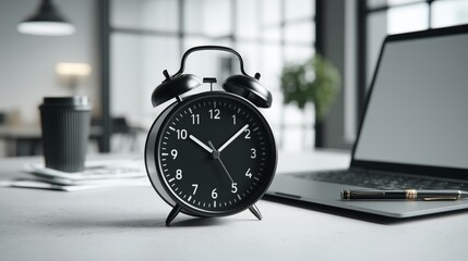 Close-up of an alarm clock near a laptop at a desk with paperwork in an office. The concept of time management, business 