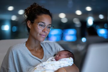 A serene moment of a woman working on her laptop while holding her newborn baby close, illustrating the essence of balancing work and nurturing during early parenthood.