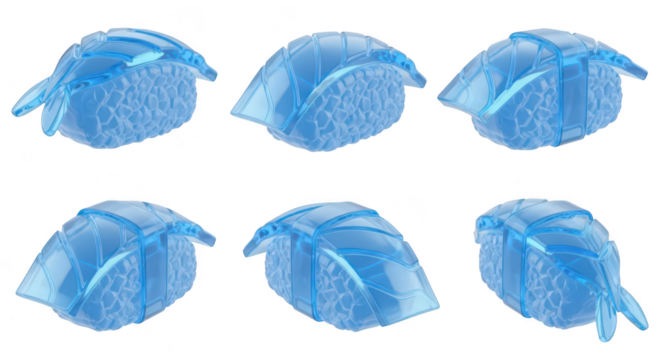 Transparent blue sushi pieces arranged on a white background likely for food-related design or artistic visual - Powered by Adobe