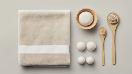 Beige towel, wooden bowl, and massage tools on a gray background