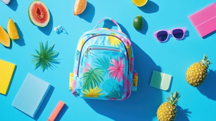 Colorful backpack surrounded by summer fruits and accessories